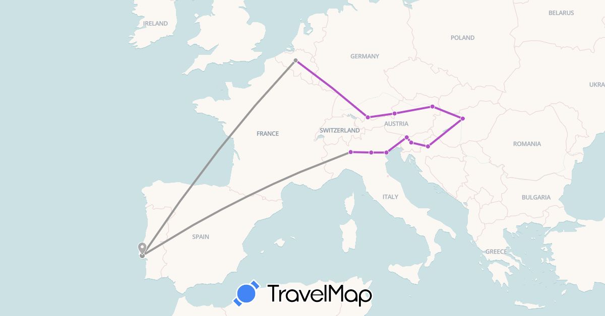 TravelMap itinerary: driving, plane, train in Austria, Belgium, Germany, Croatia, Hungary, Italy, Portugal, Slovenia (Europe)